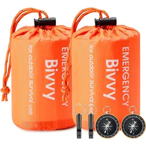 Esky Emergency Sleeping Bag 2-Pack - Portable Thermal Bivy Sack, Waterproof Lightweight Survival Blanket with Compass & Whistle for Camping, Hiking & Outdoor Adventures Esky