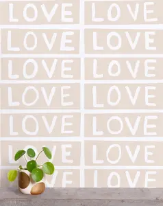 Love by Larry Yes - Taupe on White - Commercial Wallpaper