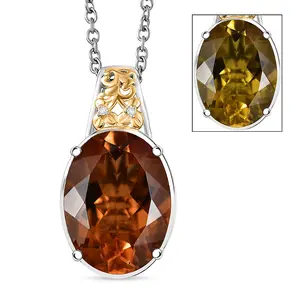 Autumn Alexite and White Zircon 8.80 ctw Fallfire Solitaire Pendant in 18K Yellow Gold Plated and Platinum Plated with Stainless Steel Necklace 18 Inches
