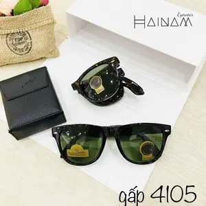 Unisex Foldable Sunglasses with Case, Portable Square Frame Travel Shades, Black Green Lens UV Protection Glasses for Men Women Driving Beach
