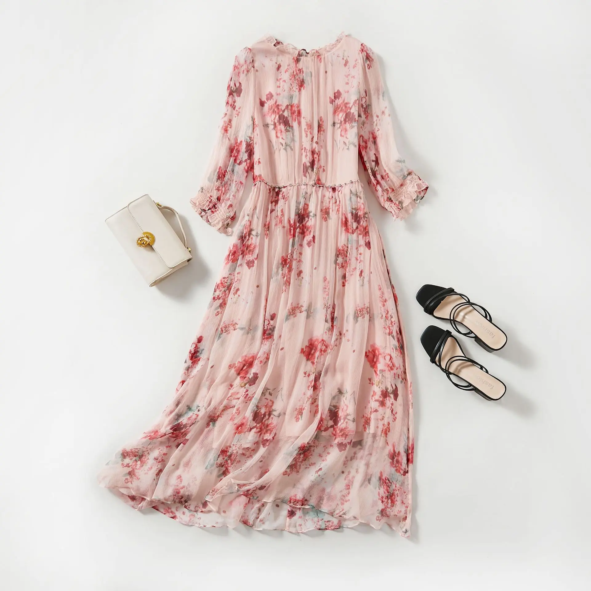 Babier Women's Silk Dress, Fashion Floral Elegant Mulberry Silk Long Dress, Beach Vacation Style