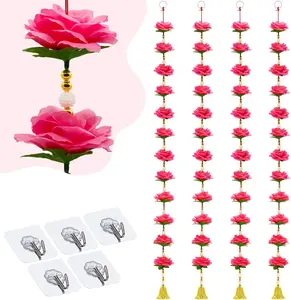 4PCS 12.8FT Pink Lotus Beads Garland - Artificial Fake Hanging Spring Flower Garland for Diwali Decoration, Indian Wedding, Home Mandir Pooja Temple Decor