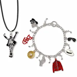 Michael Jackson Necklace &ABC Charm Bracelet Set – Perfect Fan Gift for MJ Lovers, Dance Pose Pendant with Iconic Hat, Glove, Jacket Charms