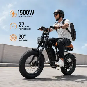 1500W Peak Electric Bike for Adults, 27MPH Fat Tire E-Bike, 35-50 Miles Range, 20” All Terrain Tires, Retro Cafe Racer Electric Bicycle ebike speed Seat Dual shopping