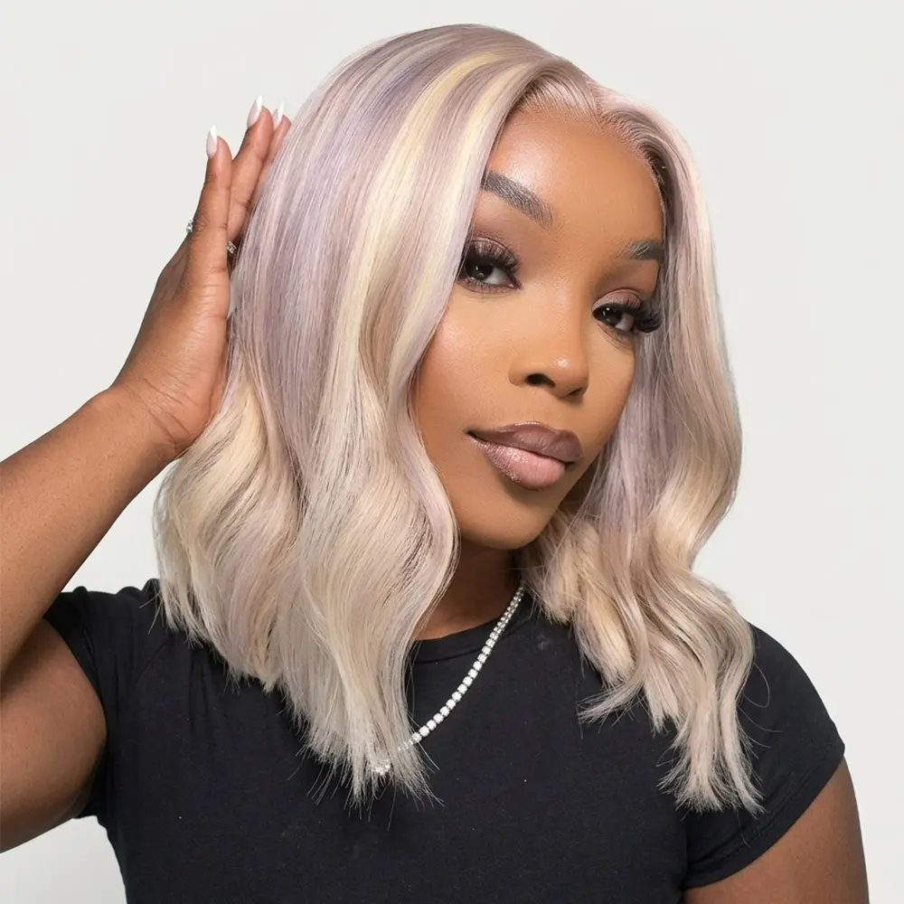 Megalook 6x5 Pre Cut Lace Invisible Knots Blonde Highlight Straight Bob Wigs Realistic Hairline Beginner Friendly