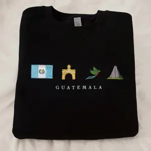 Guatemala Embroidery Sweatshirt, Cozy, Black, Quetzal, Tikal, Great Jaguar Temple, Antigua Arch, Chapín, Maya, Symbol, Gift, Stitch Crewneck Menswear Domestic