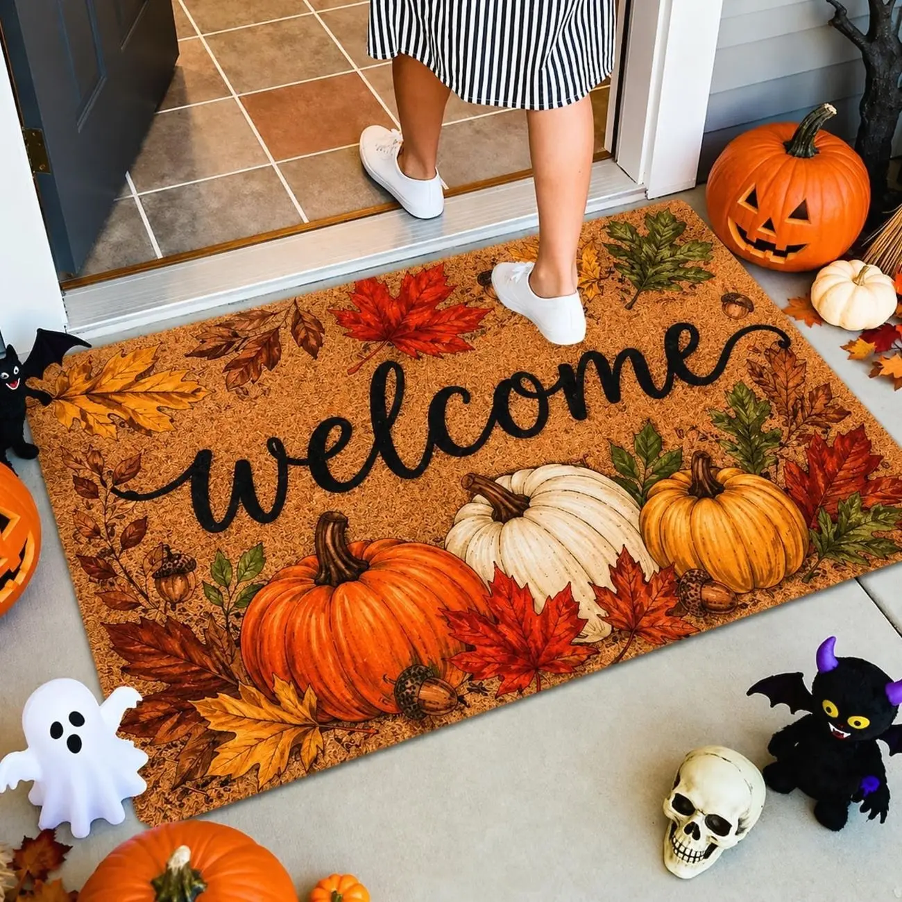 Fall Pumpkin Doormat 2026, Welcome Outdoor Door Mat Autumn Maple Leaves Entrance Rug Thanksgiving Porch Decor Housewarming Gift For Her
