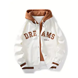 [Casual Hooded Varsity Jacket] Men's Casual Hooded Varsity Jacket, Street Style Letter Print Jacket For School