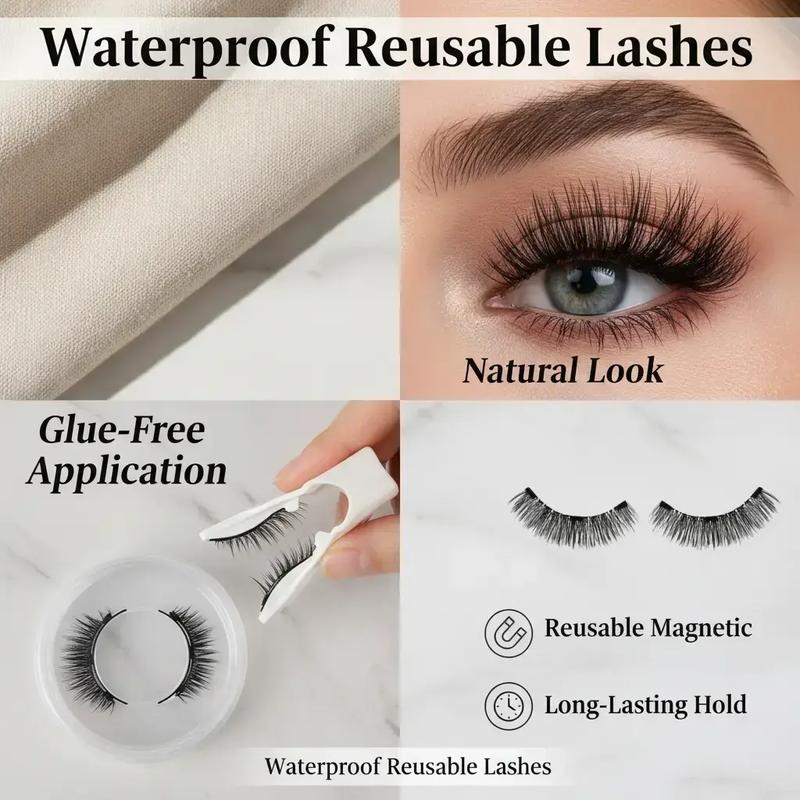 Reusable Magnetic Eyelashes - Waterproof, Natural & Voluminous, Glue-Free 3D False Lash Set with White Clips for Easy Application and Long-Lasting Hold, Waterproof Lash Kit