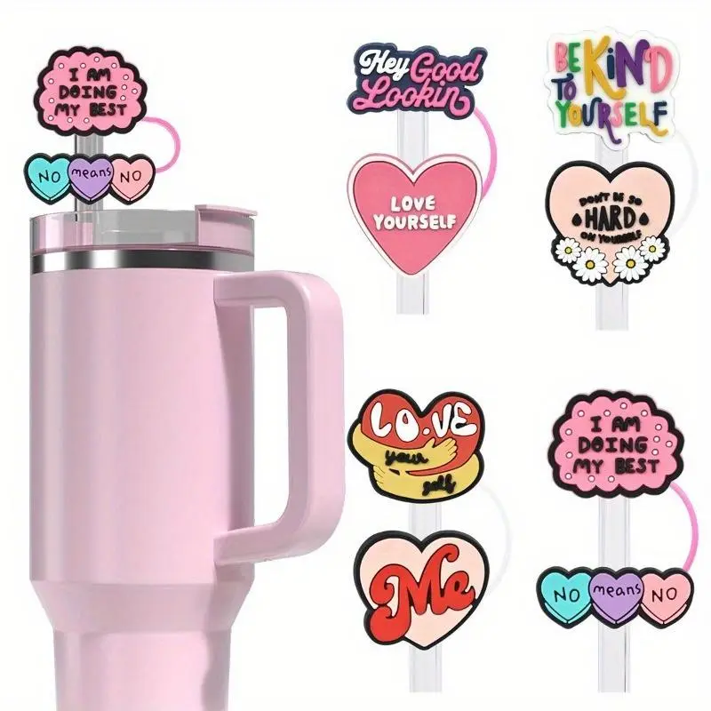 4 Piece Confidence Slogan Straw Lids, Fits Stanley Cup, 30-40 Oz Silicone Straws Compatible with Water Bottle Cups, 10 Mm Dustproof Reusable