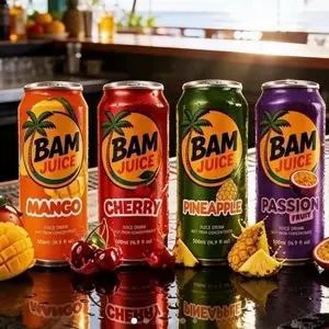 BAM Juice - Tropical Variety 6-pack Mango, Cherry, Pineapple, Passion Fruit Flavors 500ml Cans Refreshing Fruit Drinks