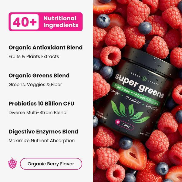 Super Greens Powder – 40+ Organic Superfoods with Probiotics, Enzymes & Prebiotic Fiber – Supports Energy, Digestion, Gut Health & Bloating Relief – Organic Fruit & Veggie Green Juice Smoothie Mix