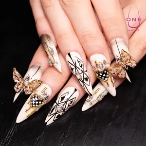 U1 Nails Knight Templar Handmade Press on Nails with Gold Accents and Rhinestone Details for Stylish Manicures Elevate Your Look with Luxurious Shine
