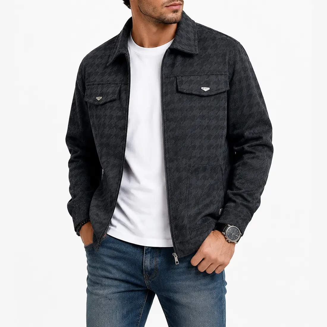 Men’s solid-color casual jacket with a turn-down collar, houndstooth pattern design, full-zip work jacket, stylish design, suitable for everyday outdoor wear, lightweight men’s jacket, men’s outerwear