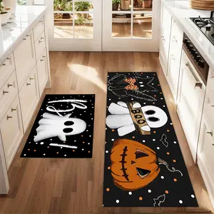 2Pcs Halloween BOO! Cat, okay. Pumpkin, cute ghost Floor mat set for farmhouse kitchen Rug restaurant floor laundry room decor carpet mat Home Decor Rugs