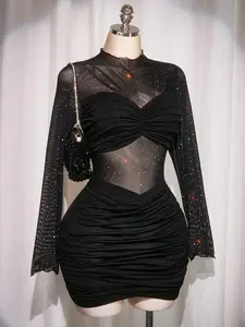 EVO x  ICON Plus Size Women's Autumn/Winter Elegant Sexy Hot Retro Millennial Style Y2K Modern Fashion Individual Avant-Garde Banquet Party Stage Performance Costume Colorful Sequin Black Mesh Sheer Pleated Wrap Fit Long Sleeve Dress