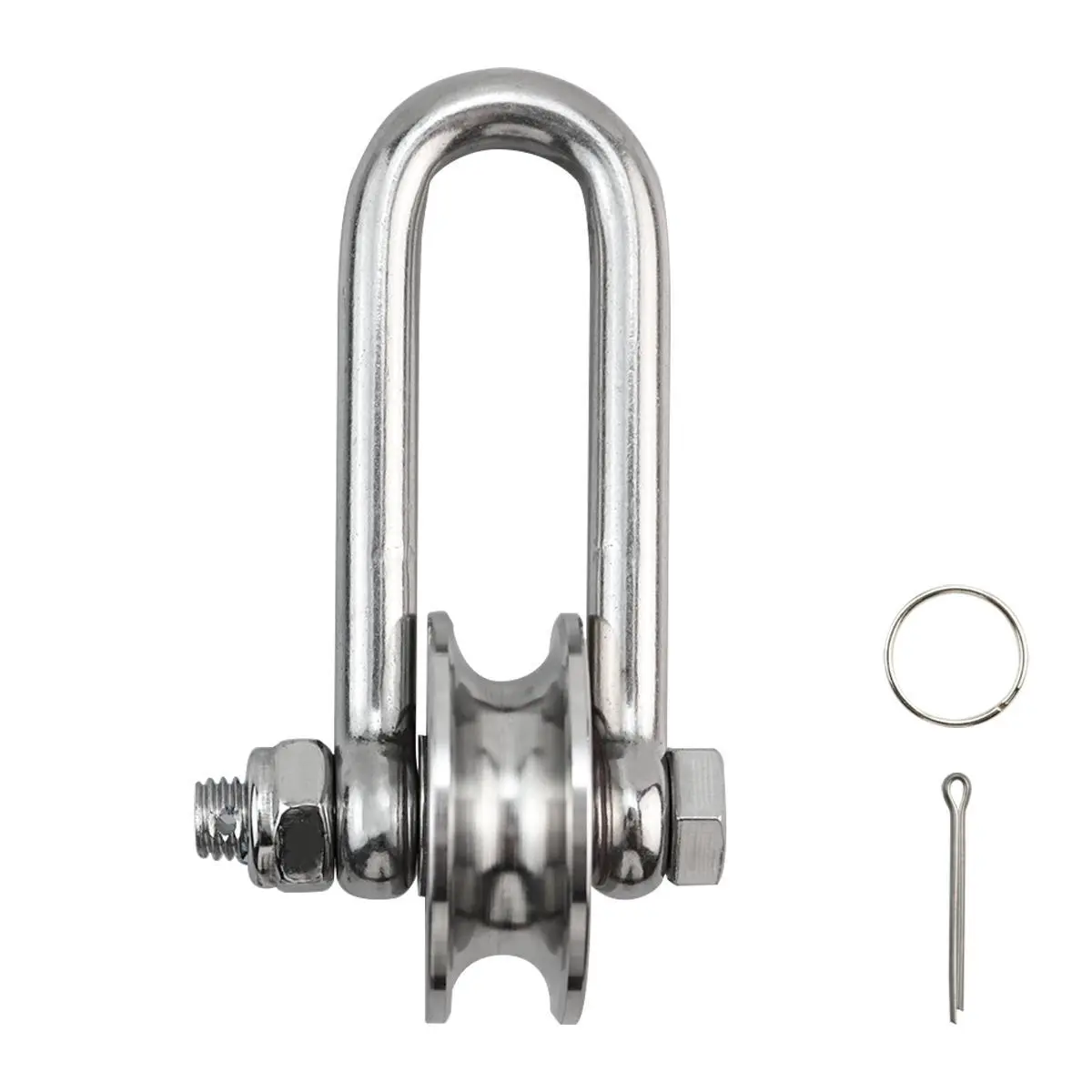 Stainless Steel D-Shaped Long Shackle Pulley (4.48x2.4in) – Heavy-Load Bow Anchor Roller with Detachable Bearing, 360-Degree Rotating Self-Locking Towing Wheel for Driving Mechanical Equipment
