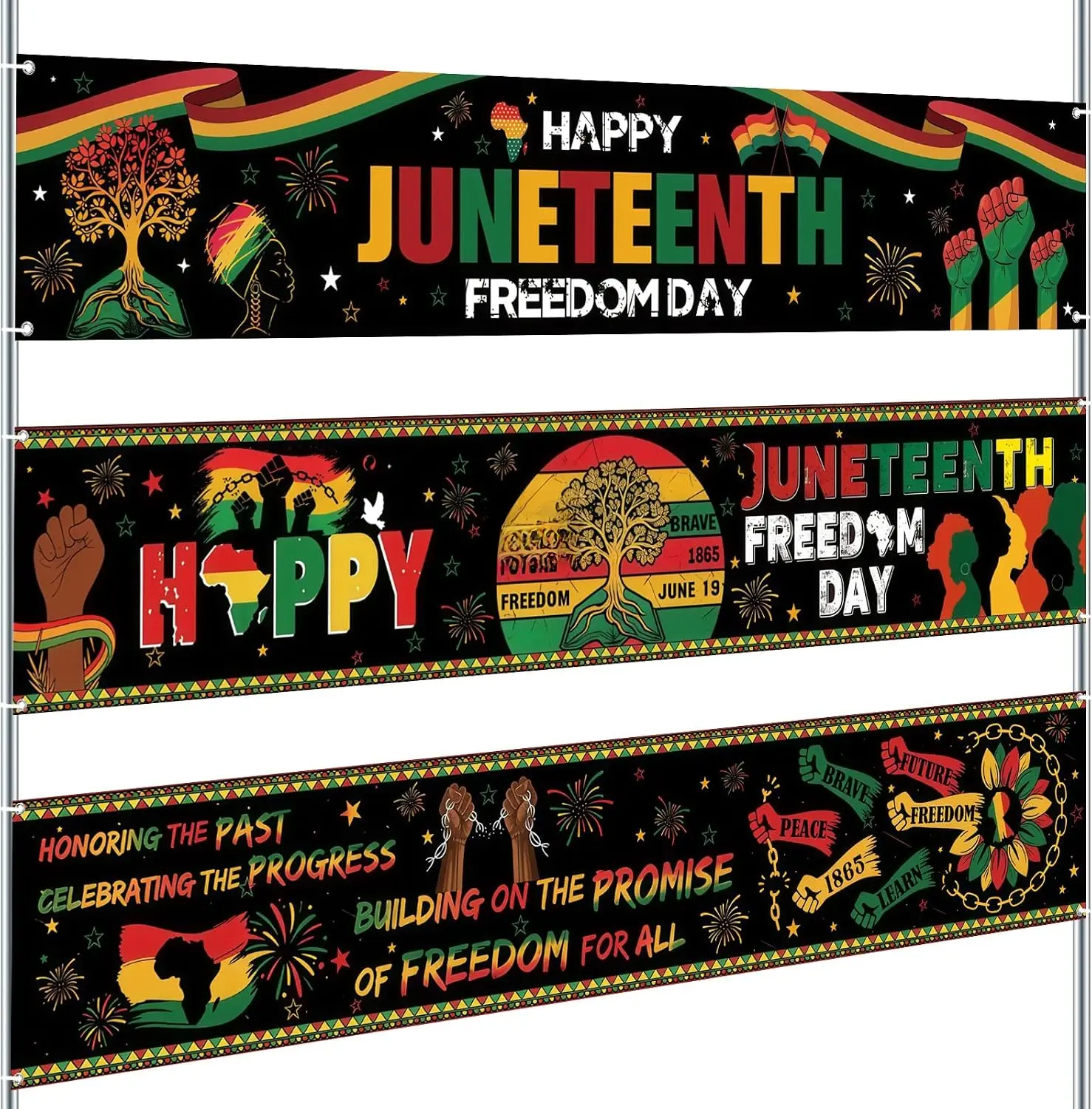 3 Pcs Large Juneteenth Banner 98 x 18 Inch June 19th Outdoor Yard Sign Patriotic Juneteenth Party Decorations Backdrop for Africa American Independence Day Celebration Supplies