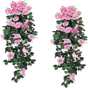 2-piece set of hanging rose plants, suitable for use at home windows, gardens, offices, and outdoor terraces. These artificial ivy vines, fake flowers outdoor, are pink and perfect for hanging planters.