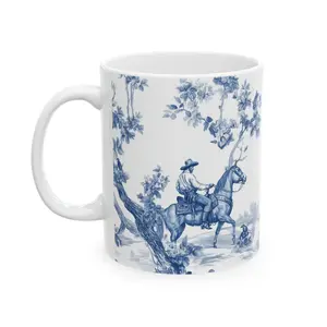 Cowboy Toile Ceramic Mug, Gift for Western Fans, Toile de Jouy, Coffee Cup, Tea Mug, Kitchen Gift, Unique Homeware,Western Coastal Decor, Modern Farmhouse Aesthetic, Coastal Cowboy Vibe, Luxury Toile Print, Unique Housewarming Gift.