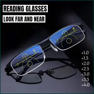 JK 473246 2-in-1 Progressive Multifocal Reading Glasses for Men Stylish Half-Rim Rectangle Design Metal Frame Resin Lenses Includes Case Available in Black Eyeglasses