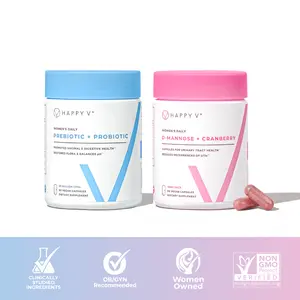 Happy V Foundationals Kit: Women's Prebiotic + Probiotic & D-Mannose + Cranberry for PH Balance, Flora Microbiome, UTI support Happy V Foundationals Kit: Women's Prebiotic + Probiotic & D-Mannose + Cranberry for PH Balance, Flora Microbiome, UTI support