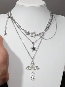 Women's Gothic Stainless Steel Star Meteor Cross Pendant Necklace Set, Vintage Punk Style Jewelry for Women, Perfect Gift for Parties & Holidays