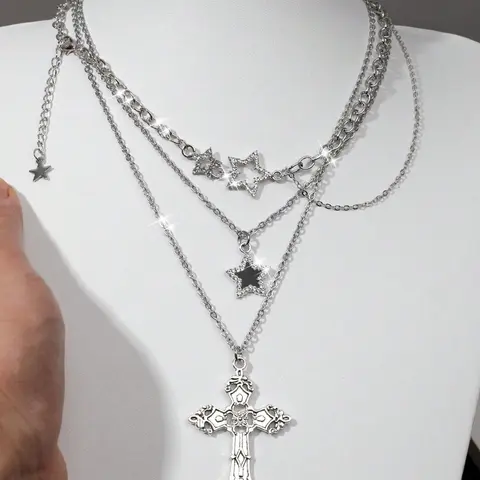 Women's Gothic Stainless Steel Star Meteor Cross Pendant Necklace Set, Gothic Cross Design Vintage Punk Style Jewelry for Women, Perfect Gift for Parties & Holidays