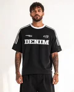 Men’s Black Graphic T-Shirt, Oversized Short Sleeve Crewneck Tee, Varsity Letter Print Streetwear Top, Casual Summer Workout Shirt for Men