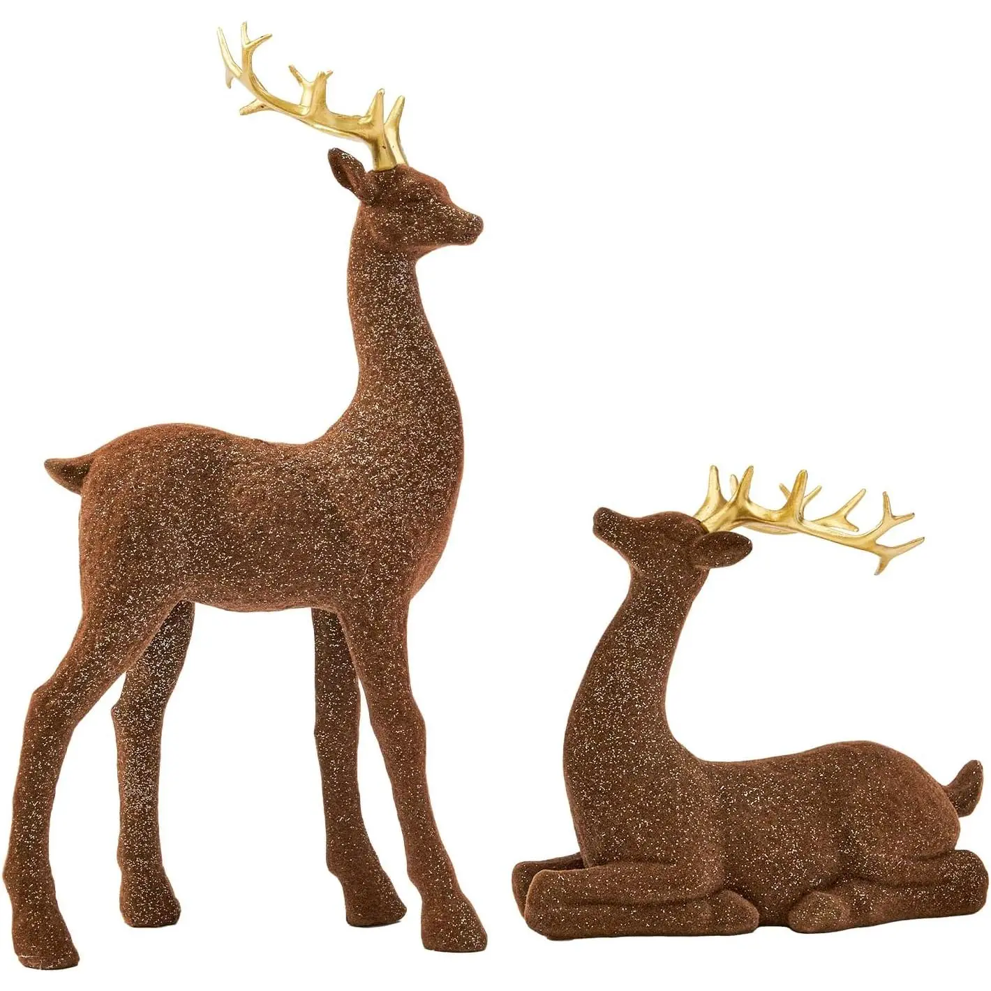 DN DECONATION 2PCS Standing Flocked Brown Reindeer Figurine Set, Christmas Decor Statues with Gold Antlers, Festive Gift for Table Top Mantle Winter Room Decor
