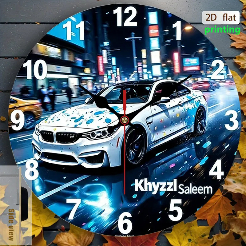 2D Flat.1pc.Cool car night scene sports car themed wall clock, Decorative Clock, modern minimalist living room office study stylish personalized trendy creative art wall decoration, Home Decor