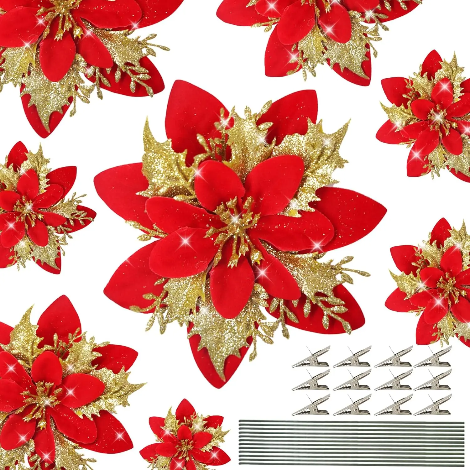 12 count Poinsettias Artificial Christmas  5.5"  Red Glitter Poinsettias Christmas Decorations Xmas Tree Ornaments with Clips and Sticks