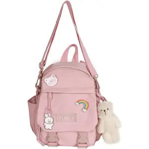 Pink-2 5L Mini Backpack with Cute Pin Accessories -  for School, Gym, Library, Travel, Hiking, Party, Camping - Bottle Holder, Zipper, Nylon, 10.5X9X5 inches