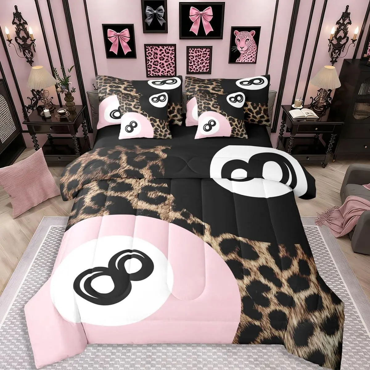 Lucky Trendy 8 Ball Comforter Set 7 Piece Bed In A Bag,Preppy Leopard Print Bedding Set and Adults Y2K Coquette Cheetah Comforter and Sheets Pink Coquette Fashion Aesthetic Room Decor