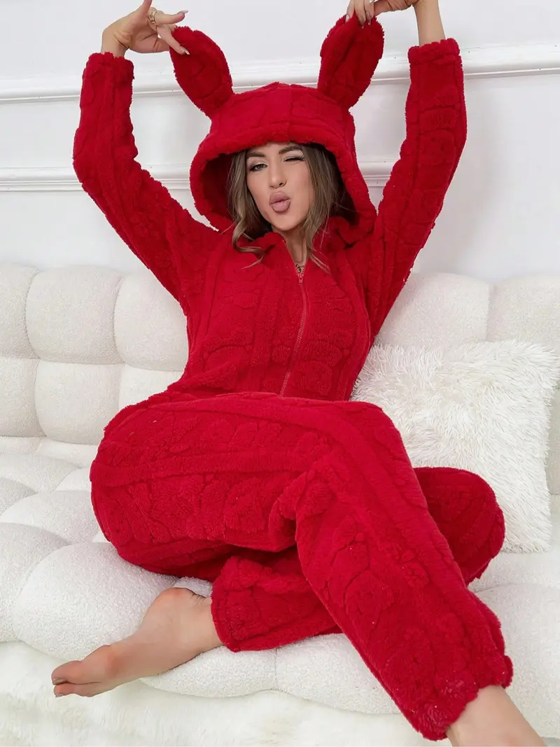 Women’s Bunny Hood Onesie Cozy Cute Sleepwear Soft Warm Loungewear for Home
