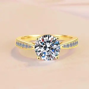 S925 Sterling Silver Four-claw Golden Ring Synthetic Moissanite Ring 2Carat-175