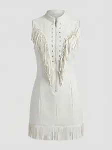 Western Style Women's Summer Mini Dress, Casual Tan Artificial Suede, Front Zipper with Rivet Fringe Details, Perfect for Country Concerts and Desert Trips, Casual Wear