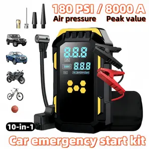 10-in-1 Wireless Car Repair Tools (including 180 PSI air compressor, Car tire inflator, 12/24V battery boost starter, 8000mAh battery pack, tire pressure monitor, flashlight, intelligent jumper connector, inflation accessories), Intelligent jumping box