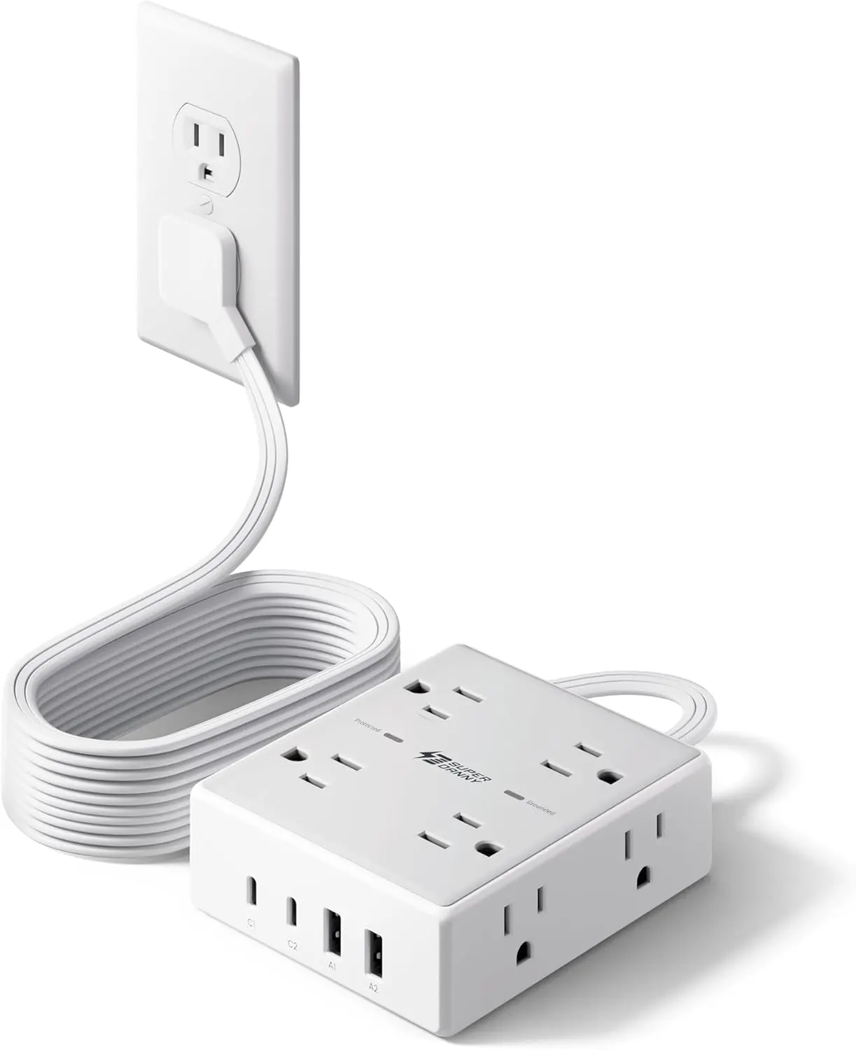 SUPERDANNY Flat Plug Multifunction Surge Protector Extension Cord - 10Ft, 8 AC Ports, 4 USB Ports (2 USB-C), 1050J Surge Protection, Desk Charging Station for Home Office, College Dorm Essentials