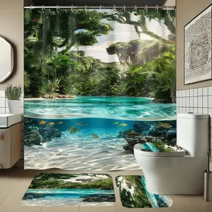 Sea View Shower Curtain Set with Rug, Non-Slip Bath Mat, U-Shaped Toilet Lid Cover Pad, Bathroom Decor with Hooks, 1/4 Piece