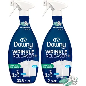 Downy Wrinkle Releaser Spray, All In One Formula, Removes Wrinkles, Static and Odor Eliminator, Crisp Linen Scent, 33.8 Fl Oz, Pack of 2 (Packaging May Vary)