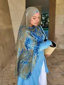 Women's Bohemian Style Spring Ink Batik Print Headscarf, Hijabs, Casual Street Style, Daily Wear, Pair with Robes or Dresses, All Seasons