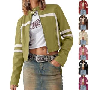 Goranbon Women’s Faux Leather Jackets Zip Up Stand Collar Cropped Motocross PU Coats