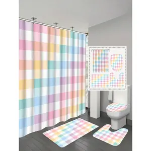 1/4 Pcs Modern Colorful Plaid Shower Curtain, Waterproof Washable, Colorful Plaid Pattern Design, Waterproof Shower - 12 Hooks, Non-Slip Bathroom Mat, U-Shaped Toilet Mat, Toilet Mat, Bathroom Decor Accessories