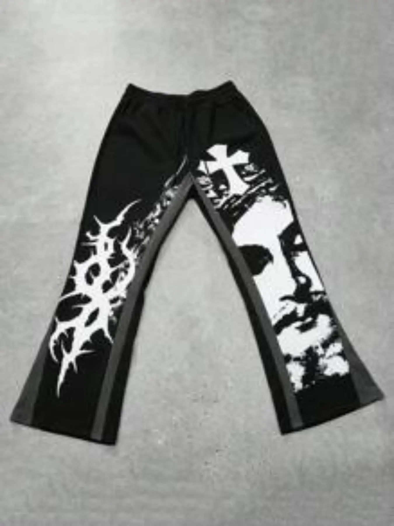1pc Men's Opium Aesthetic Track Pants Gothic Cross And Portrait Graphic Print Contrast Panel Flare Fit Trendy Urban Fashion Baggy Trousers