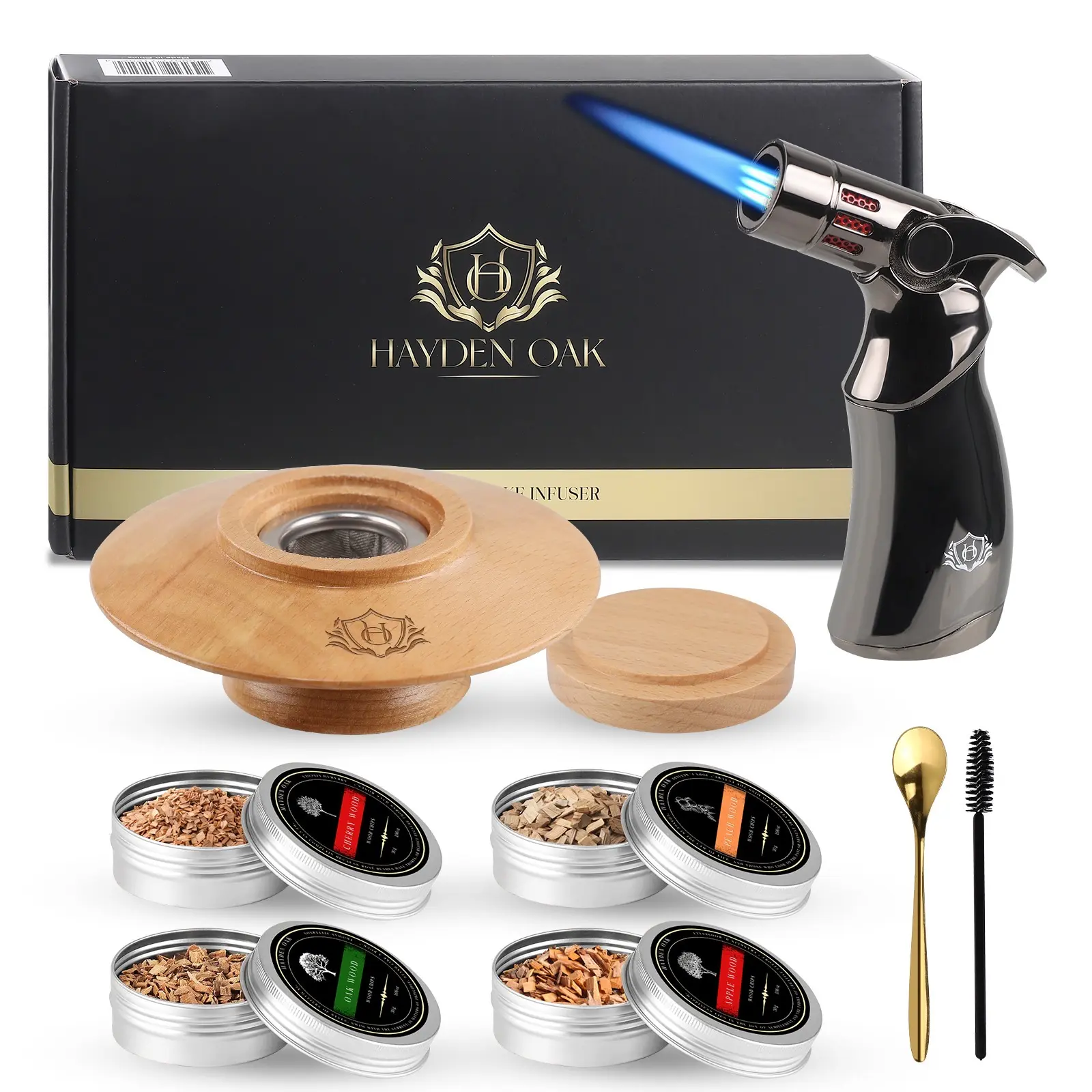 Hayden Oak Bourbon Smoker Kit with Wood Infuser, Brass Spoon, and Black Nozzle for Flavor Enhancement