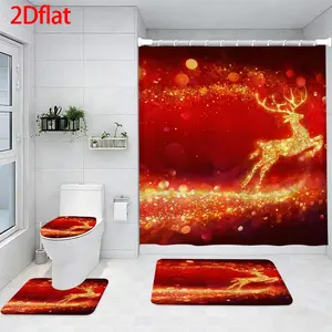 4-Piece Bathroom Sets Full Set Golden Glitter Christmas Reindeer Pattern Four-Piece Curtain Set Elegant Decor Shower Bath funny Accessories U-Shaped floor Seat Cover Cushion Toilet Lid Rug Carpet Non-Slip  Shape Mat Gifts Style toilet waterproof