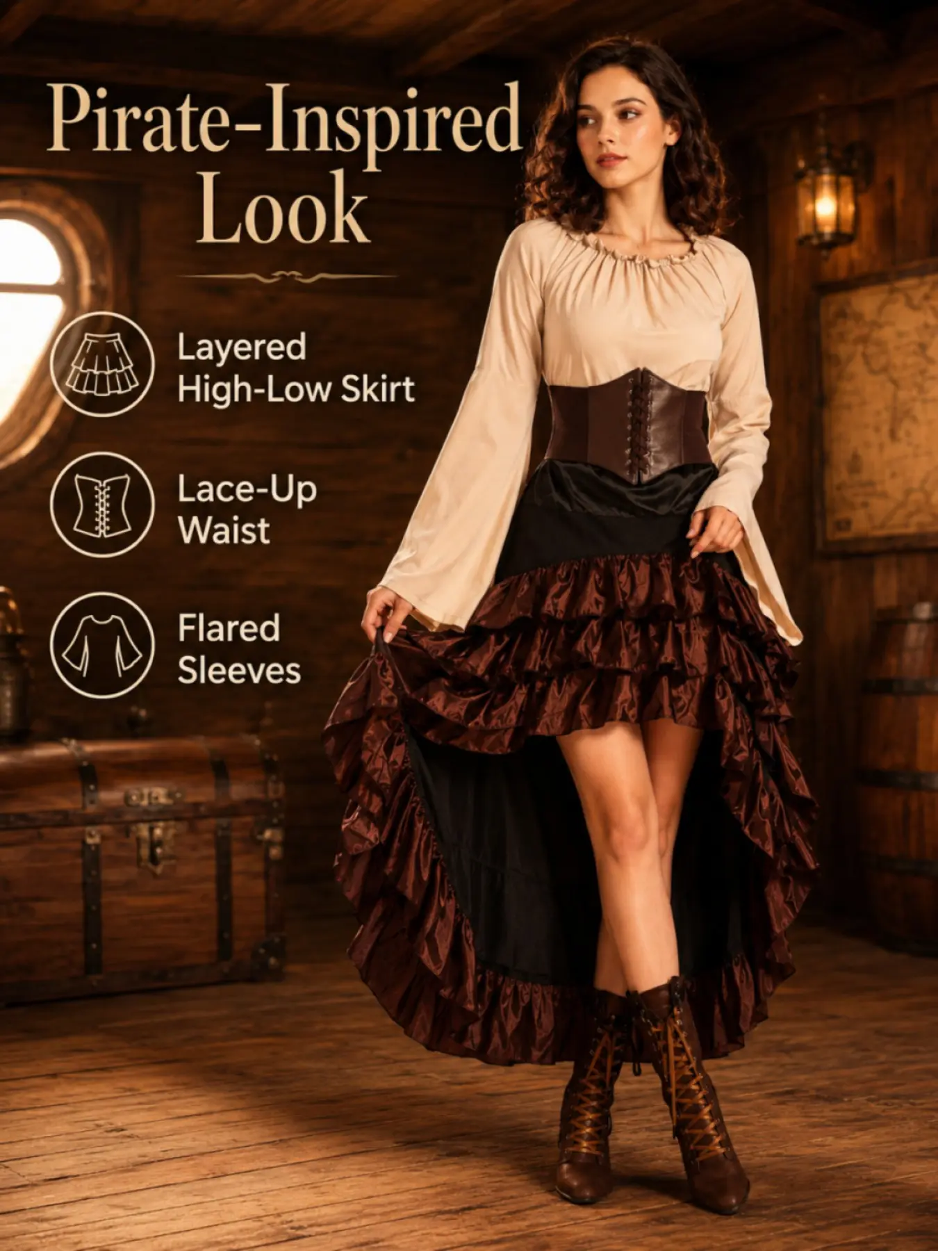 Halloween Costume Medieval Irregular Pirate Queen Corset Dress, Sailor Cosplay, Long Ruffled Skirt, Perfect for Halloween Parties