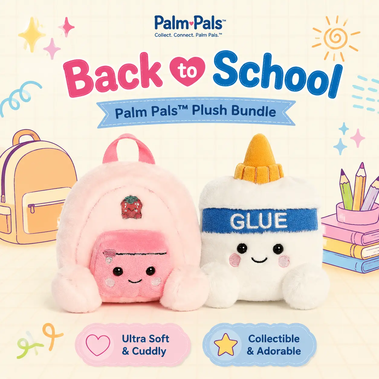 Palm Pals Adorable Back to School Backpack & Glue 2-Piece Mini Soft Plush Collectable Stuffed Animal Set