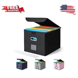 File Organizer Box with Lid, Plastic Slide, Collapsible Portable Filing Storage (Black, 14.9 x 12.59 x 10.8 inch)